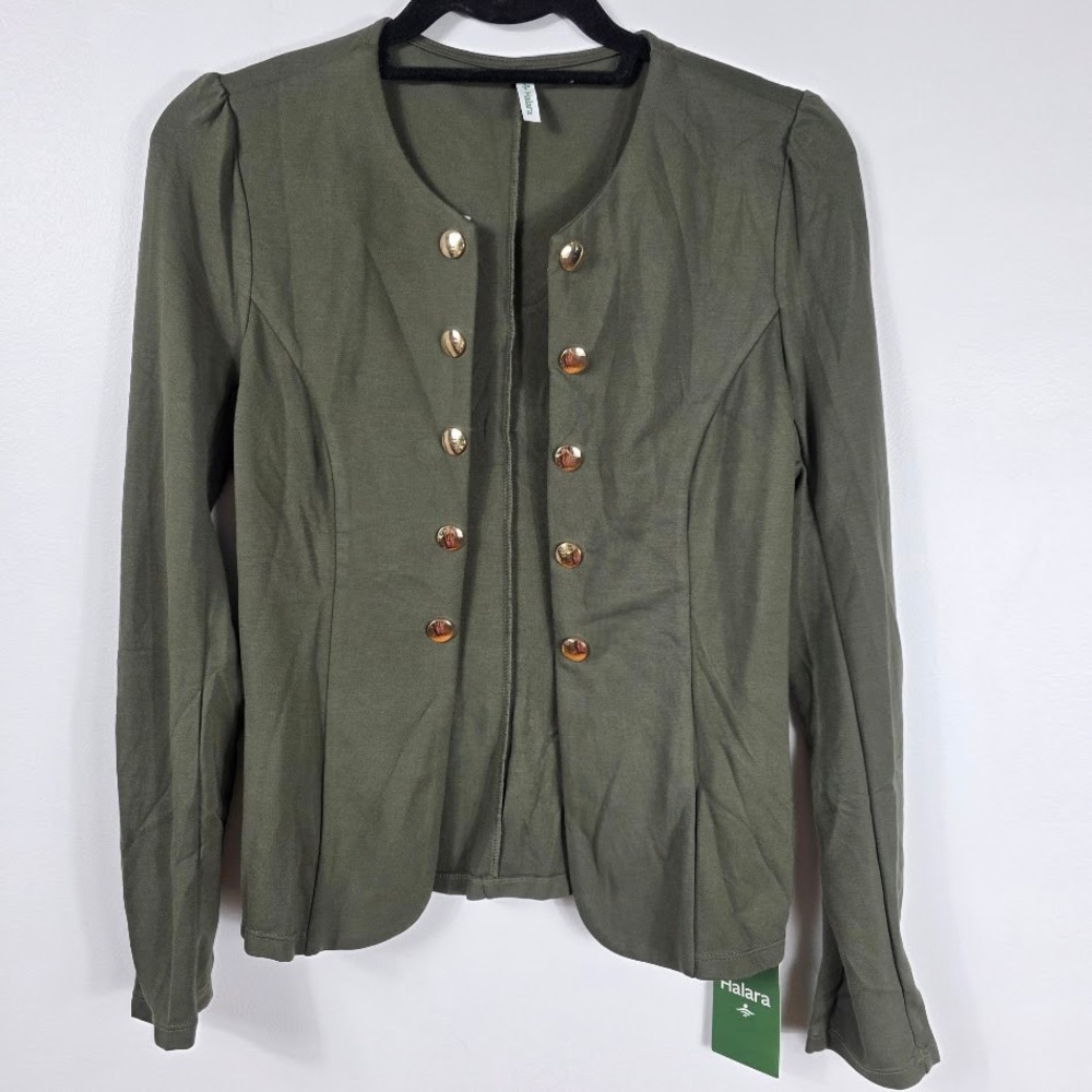 Halara Womens Olive Green Military Med Open Front Blazer Gold Button Jacket NEW